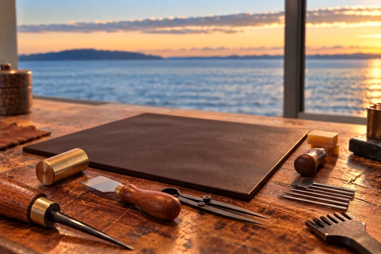 A leather panel and hand tools on a workbench, by a window over the water at sunset