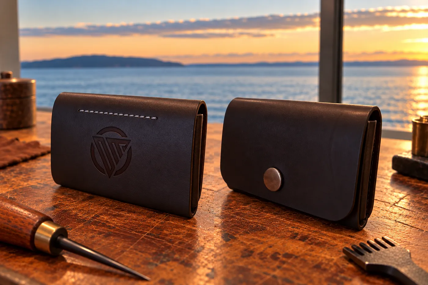 Two dark leather card holders on a workbench in front of a window at sunset